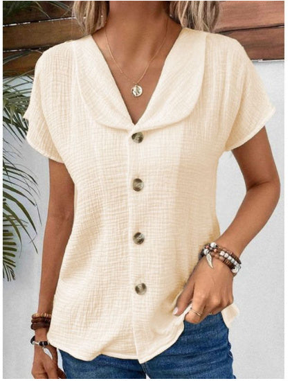 Summer Solid Color Fashion Short-sleeved Cardigan Button Women's Top FitiqueFit