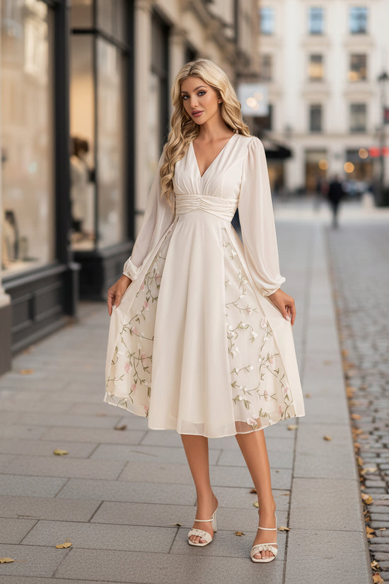 Floral Long-Sleeve V-Neck Pleated Dress For Women 