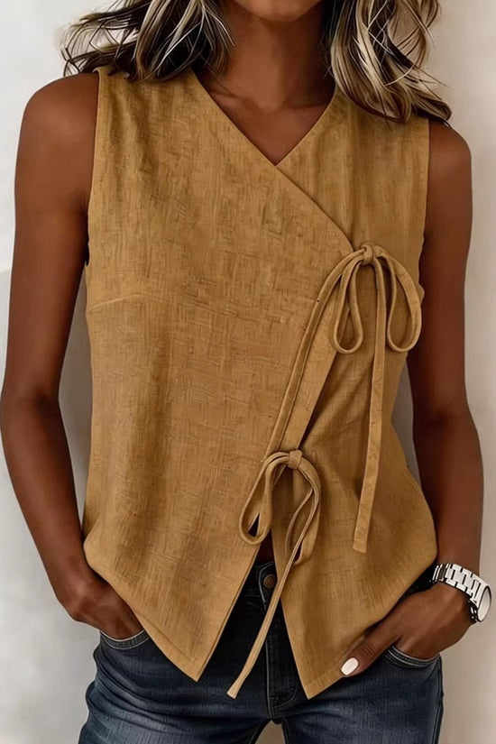 Womens Bow-Tied V-Neck Top Sleeveless Tank Top 