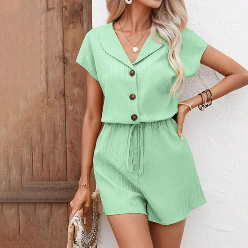 Women's 2-Piece Summer Lounge Set, Textured Short Sleeve Button-Down Shirt And Matching Shorts Outfit CJ