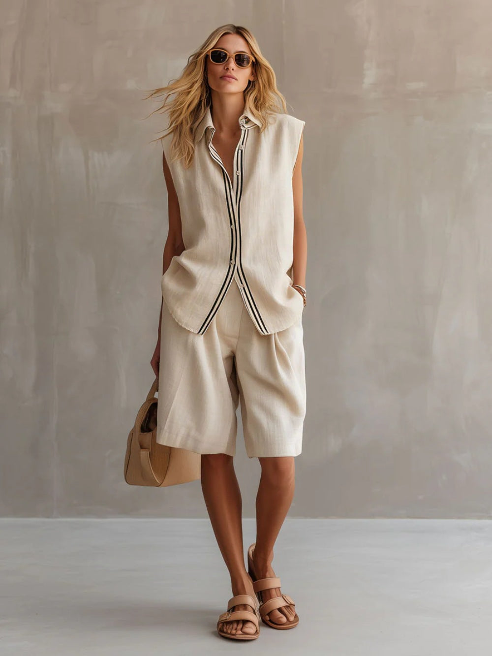 Single-breasted Sleeveless Linen Shirt And Shorts Set 