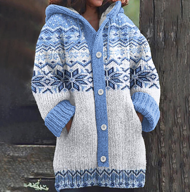 Loose Linen Floral Cardigan Retro-style Loose Hooded Knit Top 