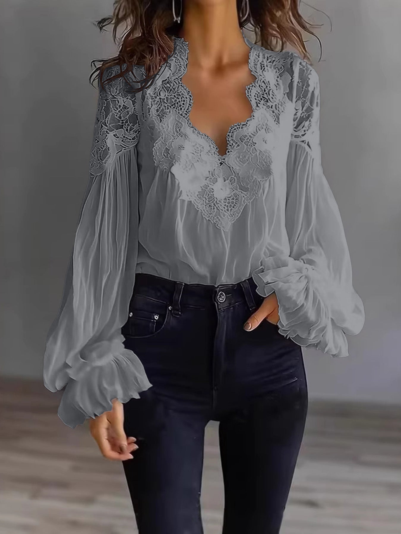Lace-panelled Ruffled Puff-sleeve Pleated Shirt 