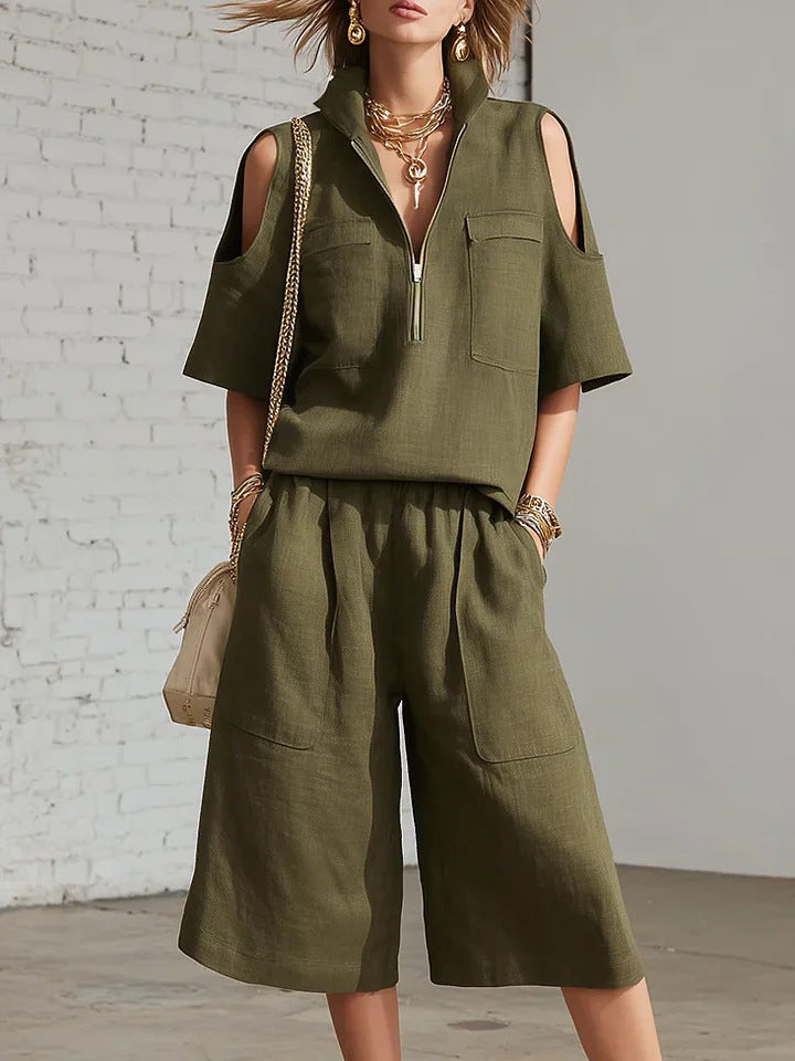 Womens Short-Sleeve Shirt And Shorts Loose Pants Two-Piece Set 