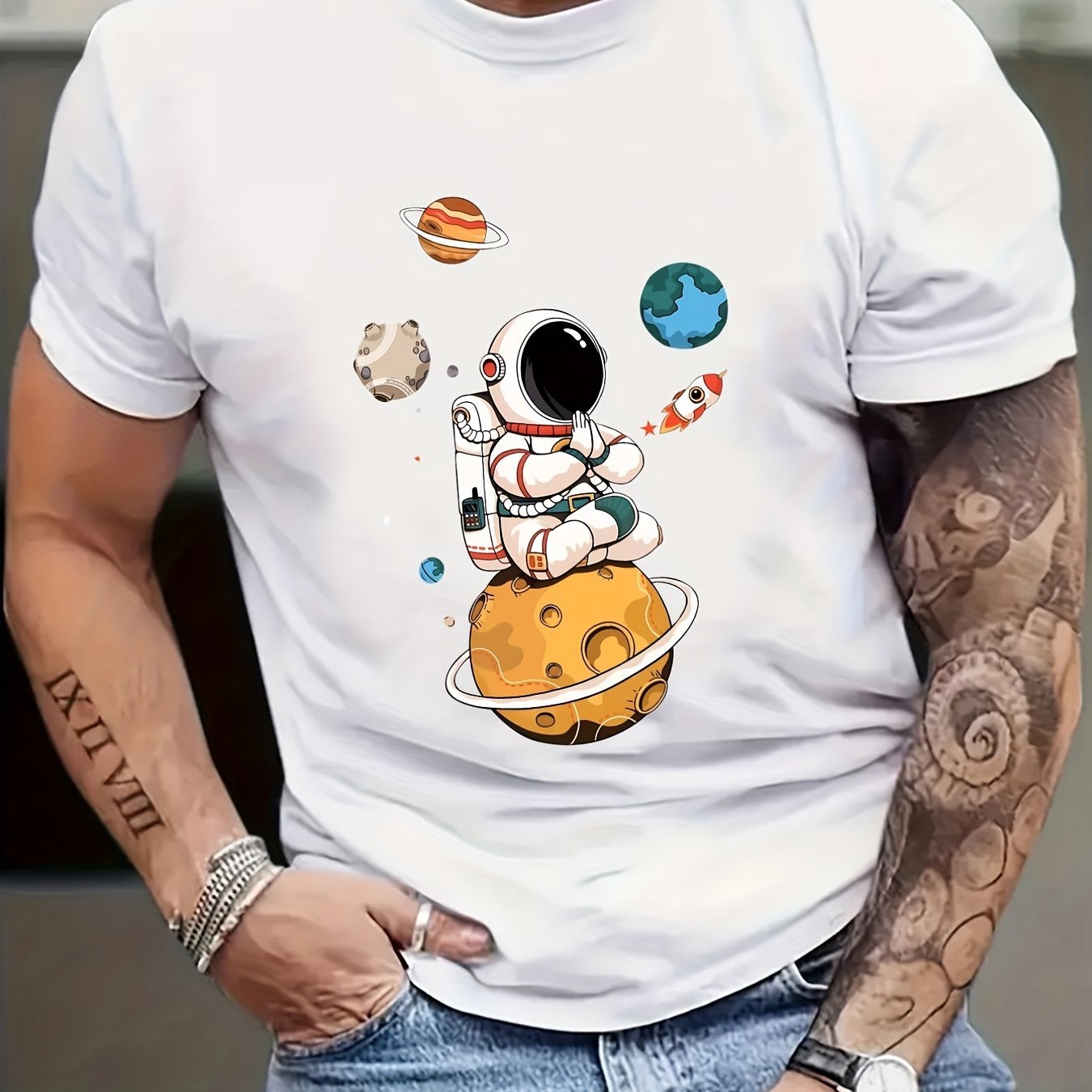 Summer Men's Casual Street Style Elastic Round Neck T-shirt With Cartoon Astronaut And Planet Patterns CJ US