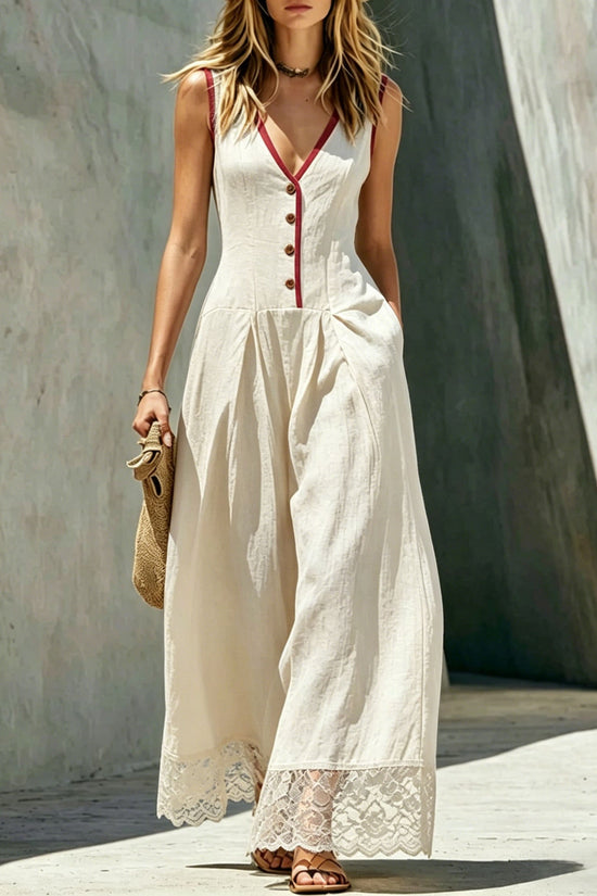 Womens Solid-Colored Jumpsuit With Spliced Lace And Pockets Long Pants 