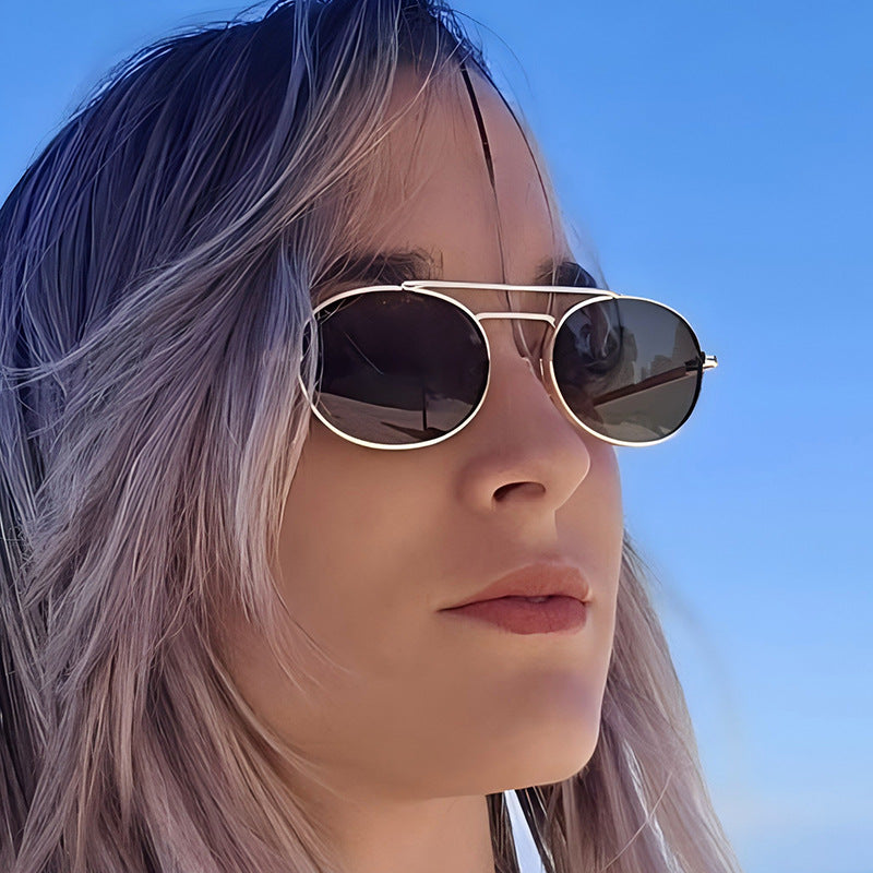 Retro Oval Fashionable Dual-Beam Metal Sunglasses For Sun Protection 
