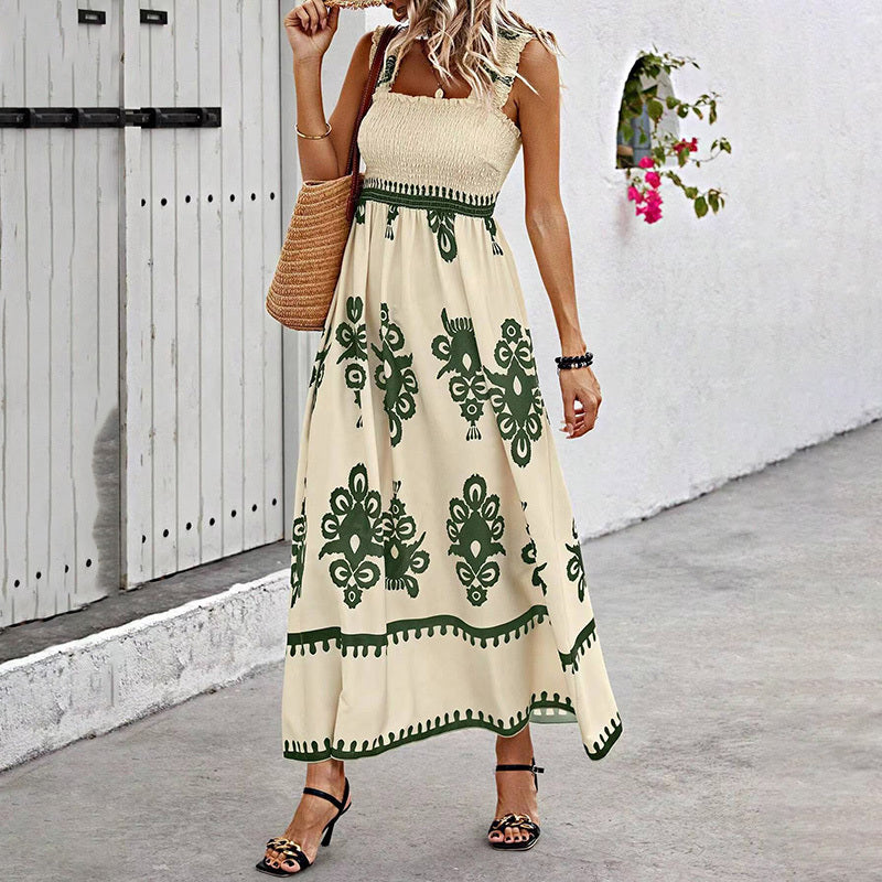 Women's Wide Strap Printed Maxi Dress With Bust Pleats, A-Line Vacation Dress CJ US