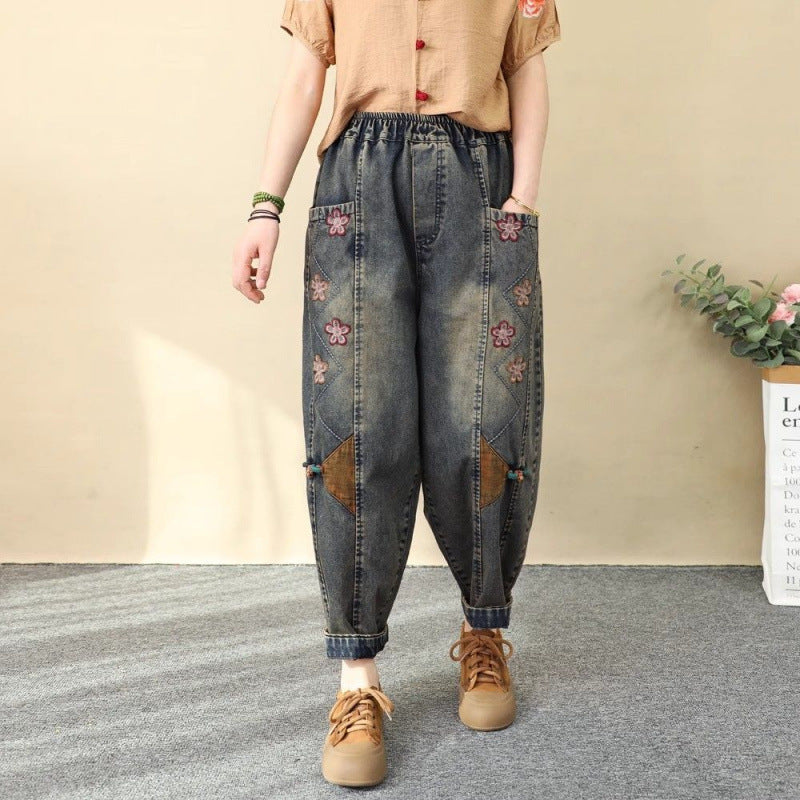 Spring Loose Patchwork Plus-size Cropped Harem Pants 
