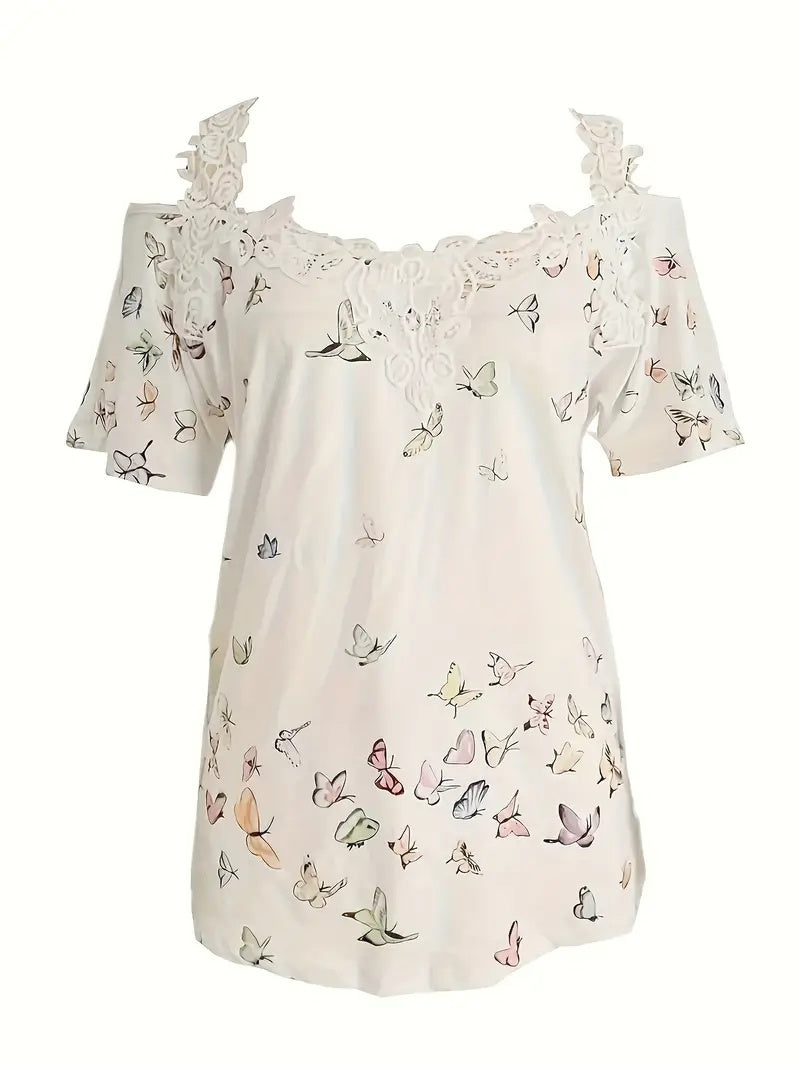 Spring Summer New Butterfly Print V-neck T-shirt Lace Casual Off-the-shoulder Short-sleeved Top FitiqueFit