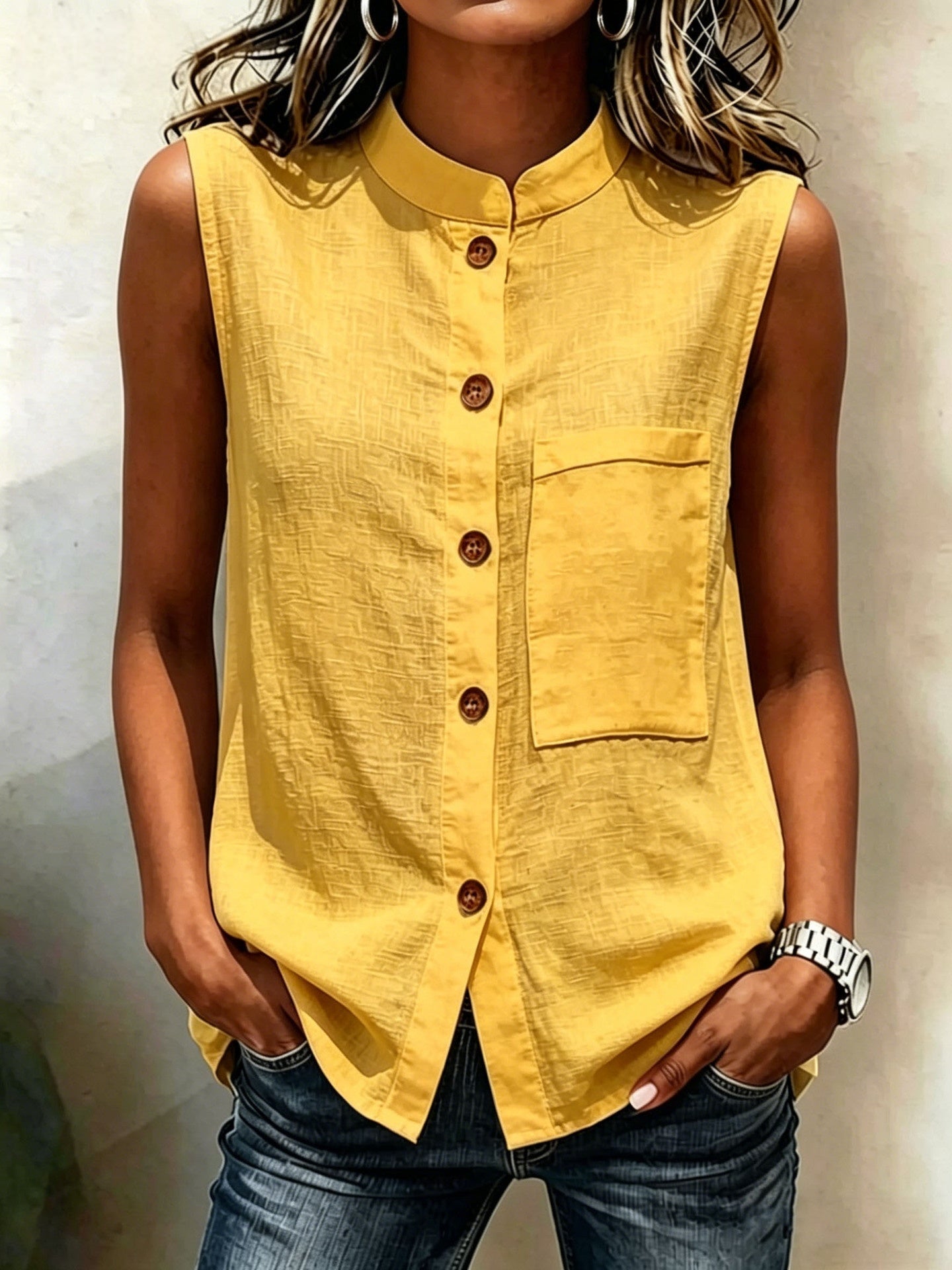 Fashionable Casual Solid-color Top With Buttoned Pockets 