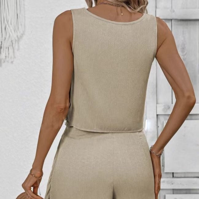 Women’s Solid Color Off-Shoulder Lace-Up Shorts Set CJ US