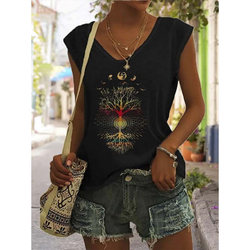 Women's Bohemian Moon And Tree Graphic Tee V-Neck Short Sleeve Blouse CJ