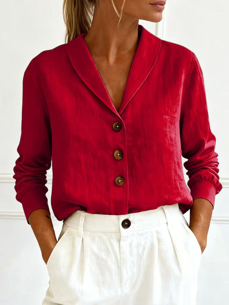 Fashionable Cotton-Linen Long-Sleeve Peter Pan Collar Button-Up Shirt 