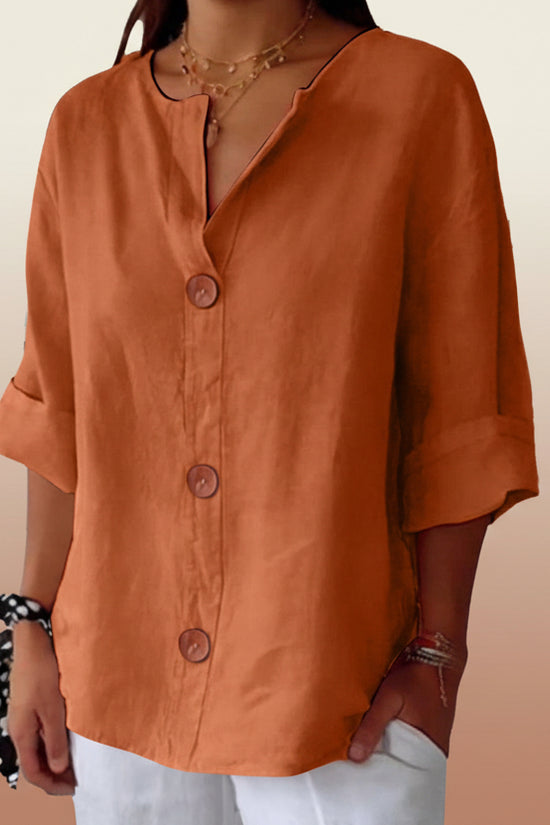 Women's V-neck cotton and linen buttoned blouse 