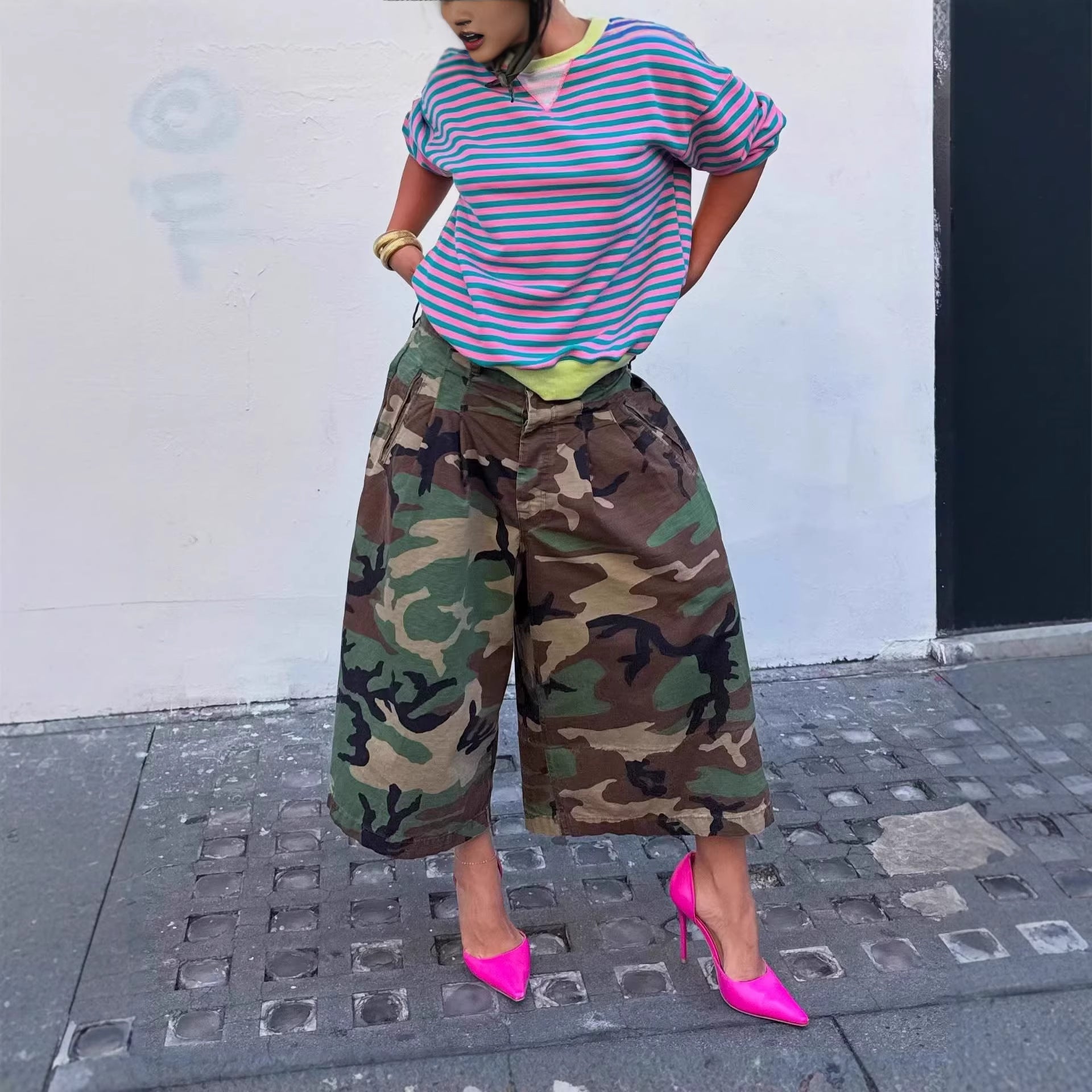 Fashionable Casual Camouflage Workwear-style Loose Wide-leg Pants 