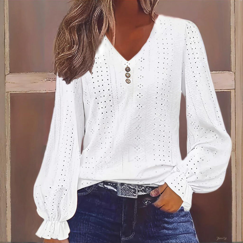 Plus Size Women's V-Neck Solid Top With Button Lantern Sleeves Hollow Out Detail Blouse For Spring&Fall CJ US