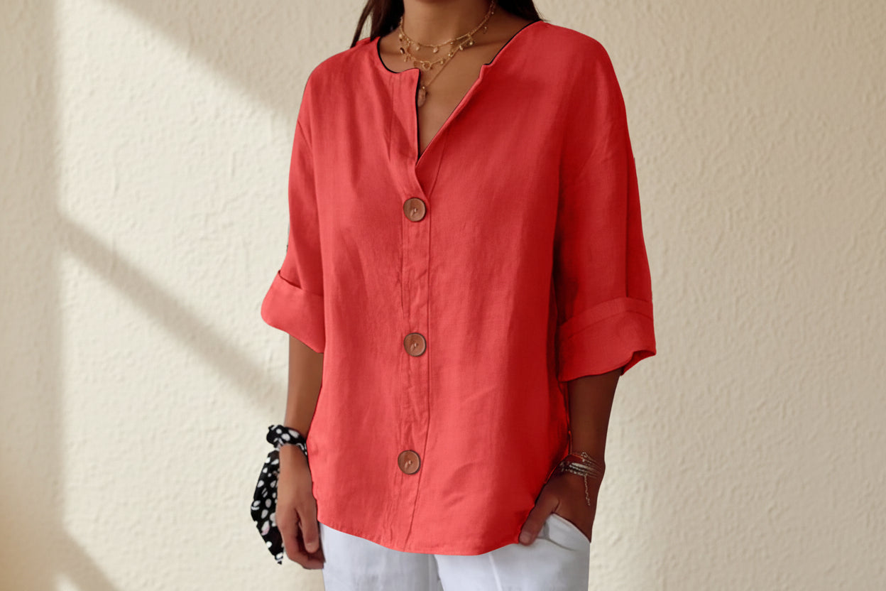 Women's V-neck cotton and linen buttoned blouse 