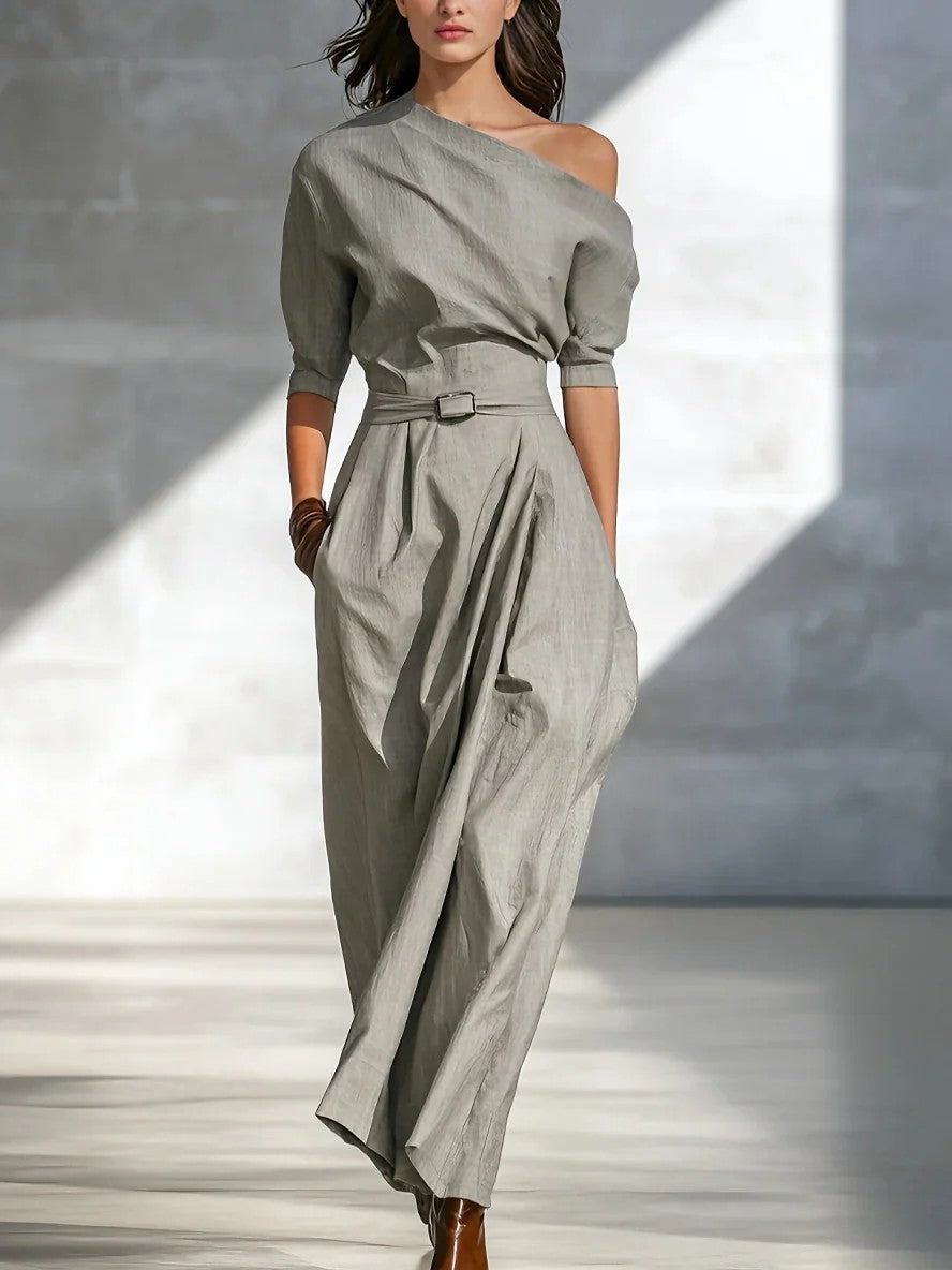 Slanted Shoulder Waist Long Dress 