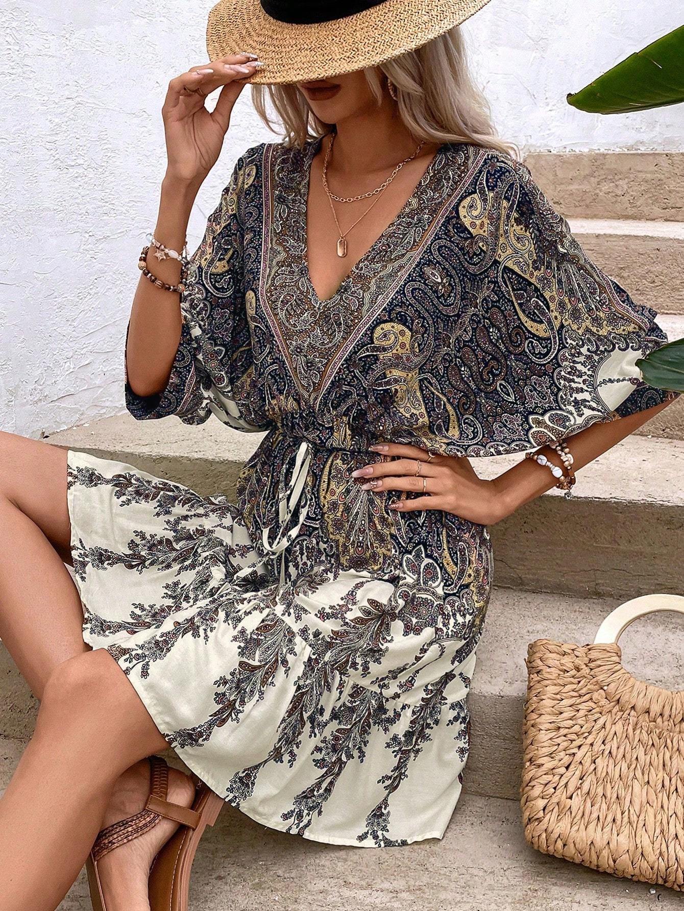 Paisley Print Batwing Sleeve Tassel Tie Front Ruffle Hem Dress CJ US