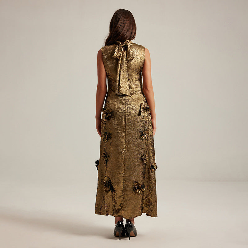 Three dimensional flower splicing sleeveless waist cinched A-line skirt long dress for women eprolo