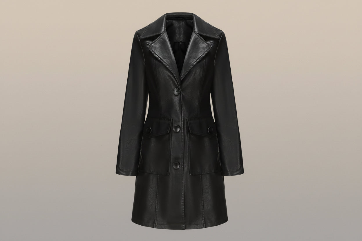 Long Leather Trench Coat Fashionable Outerwear For Women 