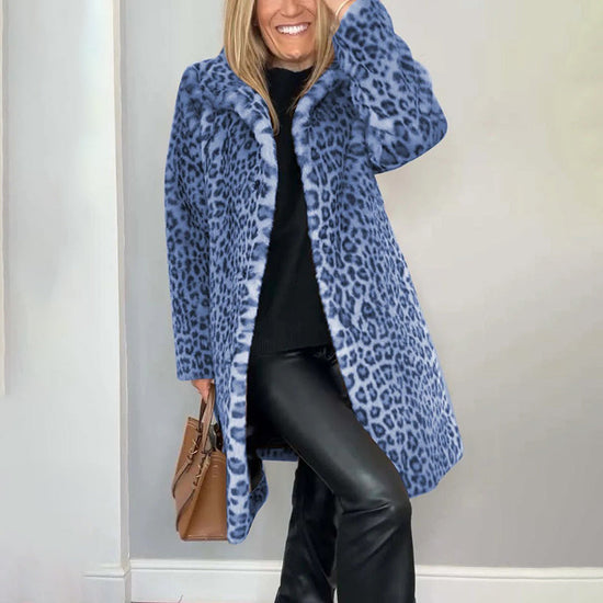 Women's Leopard Print Plush Jacket, Cozy Loose-Fit Warm Coat Elegant Medium-Length Fall Winter Outwear CJ US