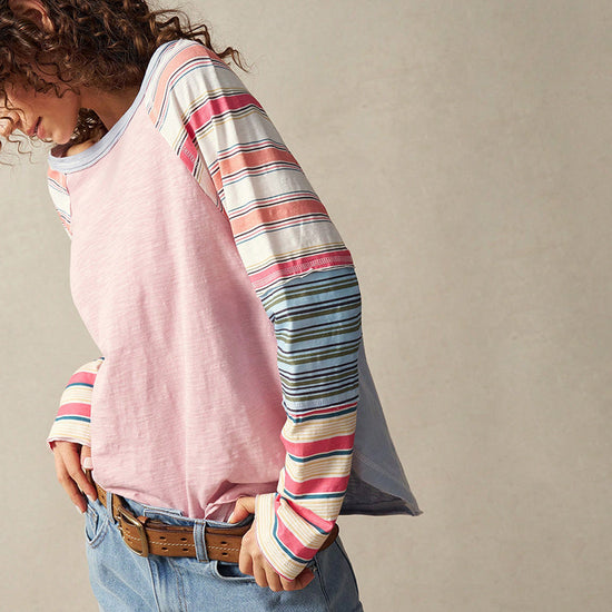 Women's Striped Long Sleeve Top Round Neck Pullover With Unique Patchwork Design For Spring&Fall CJ US