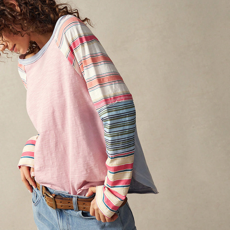 Women's Striped Long Sleeve Top Round Neck Pullover With Unique Patchwork Design For Spring&Fall CJ US