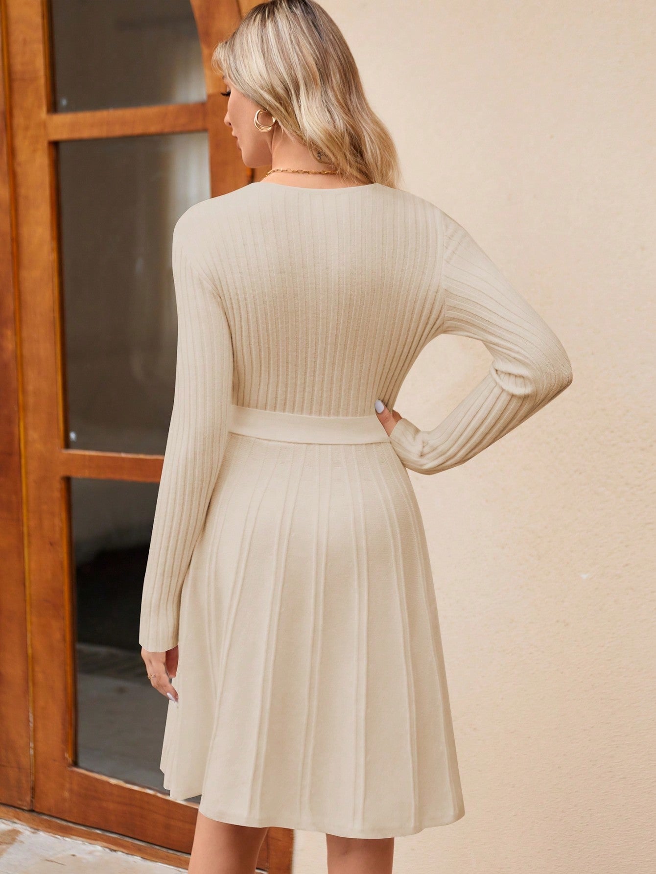 Women's Wrap A-Line Knit Dress Long Sleeve CJ US