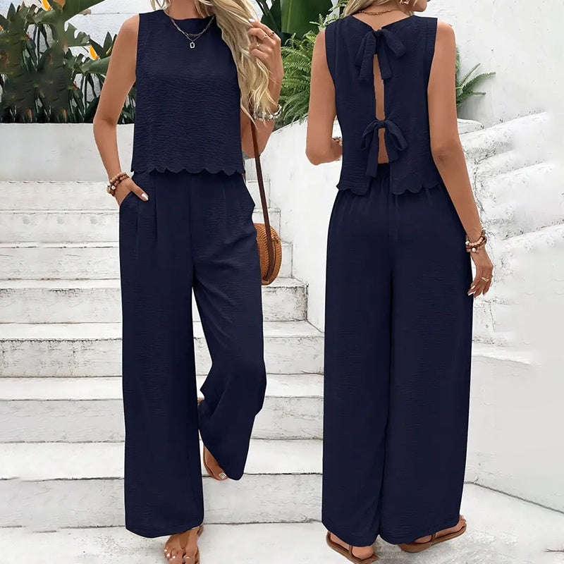 Women's Elegant 2-Piece Matching Set, Sleeveless Crop Top And Wide Leg Pants Outfits CJ