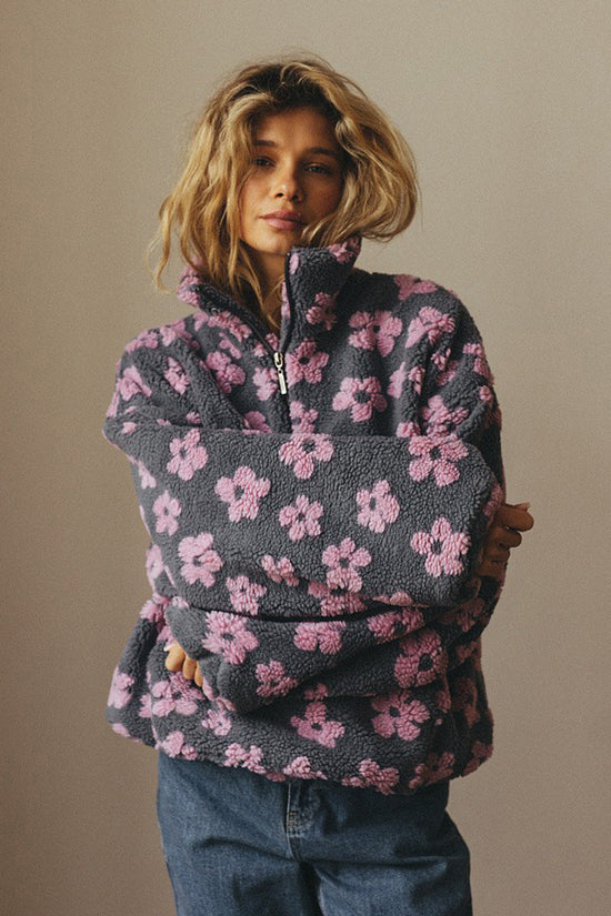 Winter Flowers Lambskin Sweatshirt With Big Pocket Casual Loose Zip-up Lapel Pullover Top Women's Clothing 