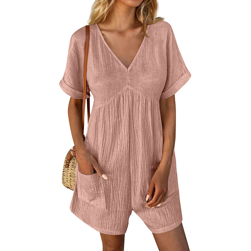 Summer Romper Casual Short Sleeve V Neck Short Jumpsuits CJ US
