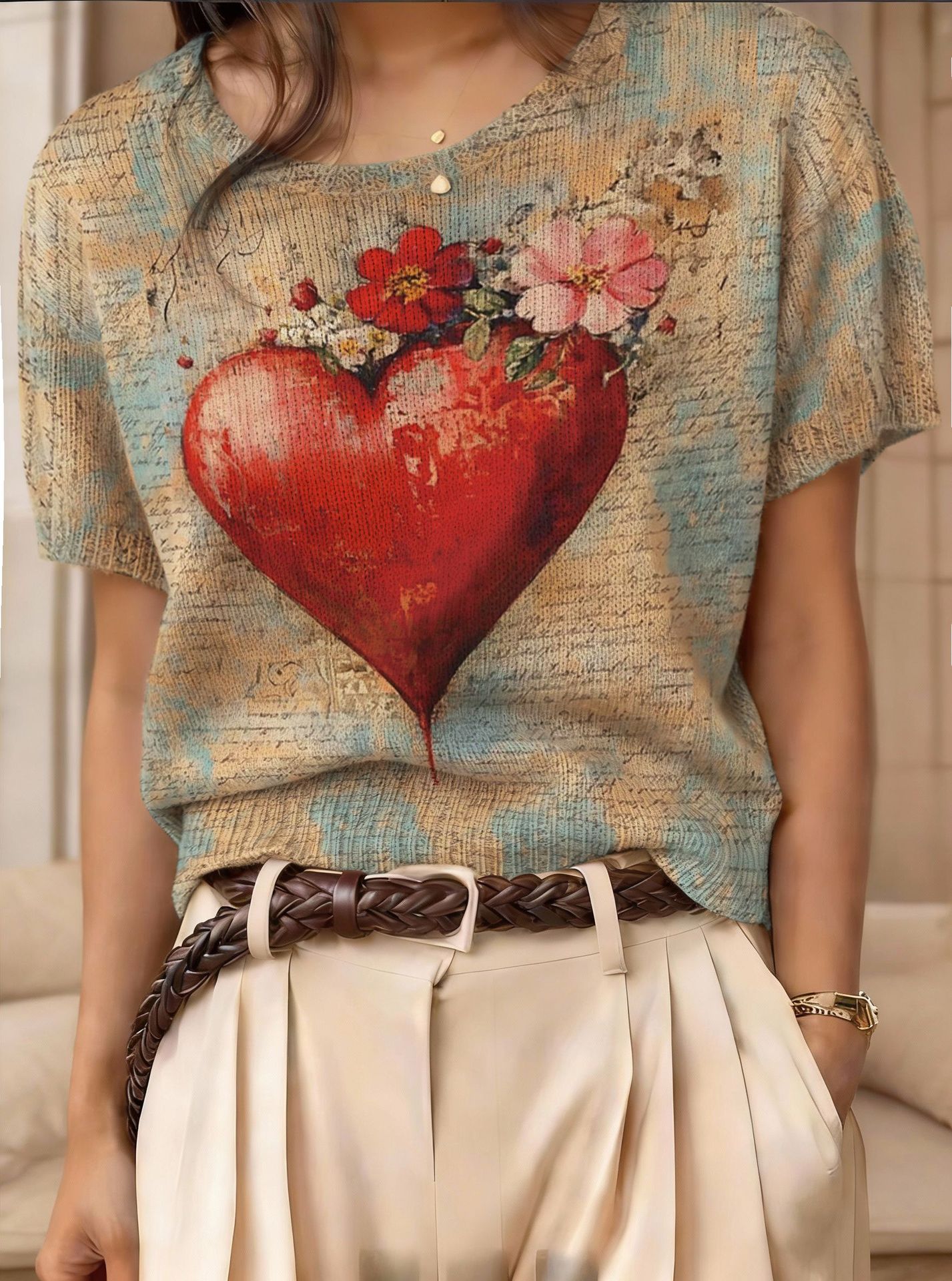 Retro Short-Sleeve Sweater Contrast-Color Jacquard Knit Top 