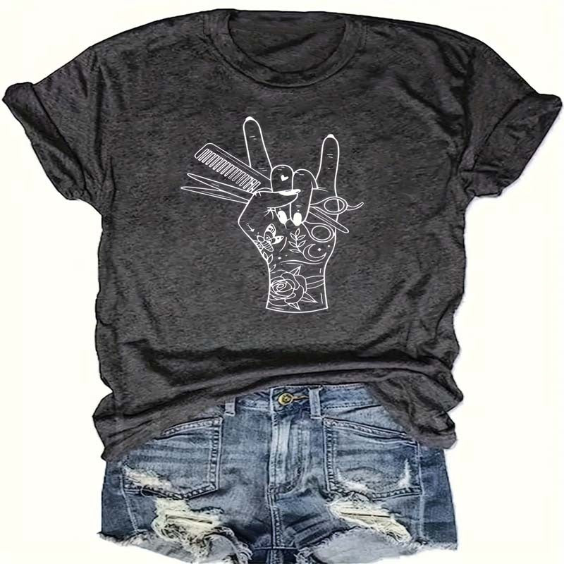 Women's Hand & Floral Print Crew Neck T-shirt, Casual Short Sleeve Top For Spring & Summer CJ