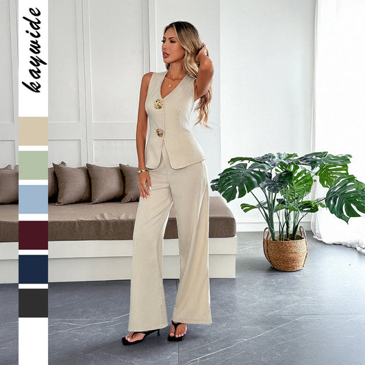 Simple-style Vest And Straight-leg Pants Womens Summer Two-piece Set 