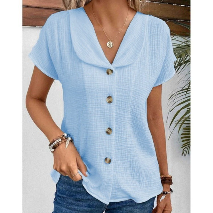 Summer Solid Color Fashion Short-sleeved Cardigan Button Women's Top FitiqueFit