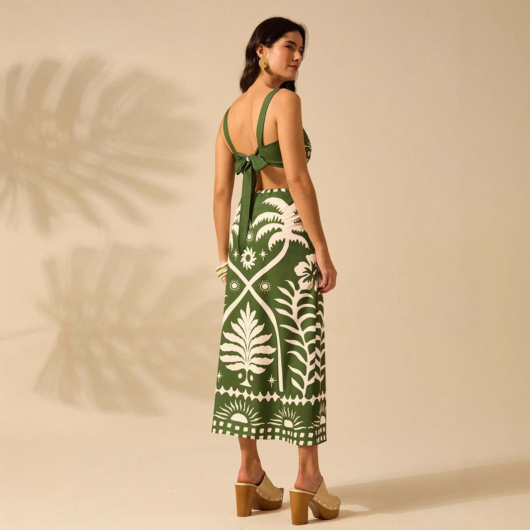 Womens Printed Camisole And High-waisted Straight Midi Skirt 