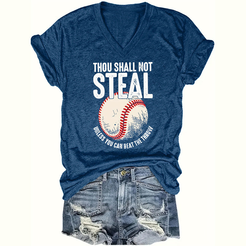 Women's V-Neck 'Thou Shall Not Steal' Baseball Graphic T-Shirt - Humorous Casual Short Sleeve Tee, Soft Top For Summer Diversi Fashion™