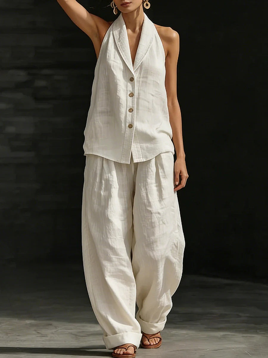 Wide-leg Pants Suit Womens Cotton-linen Fashionable Two-piece Set 