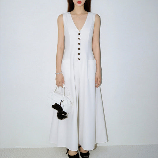Women's Stylish & Elegant Solid-Color V-Neck Button-Up Dress 
