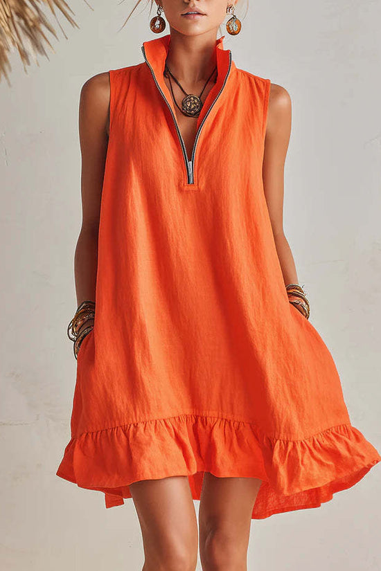 New Stylish Casual Loose Half-Zip Sleeveless Dress With Ruffle Hem 