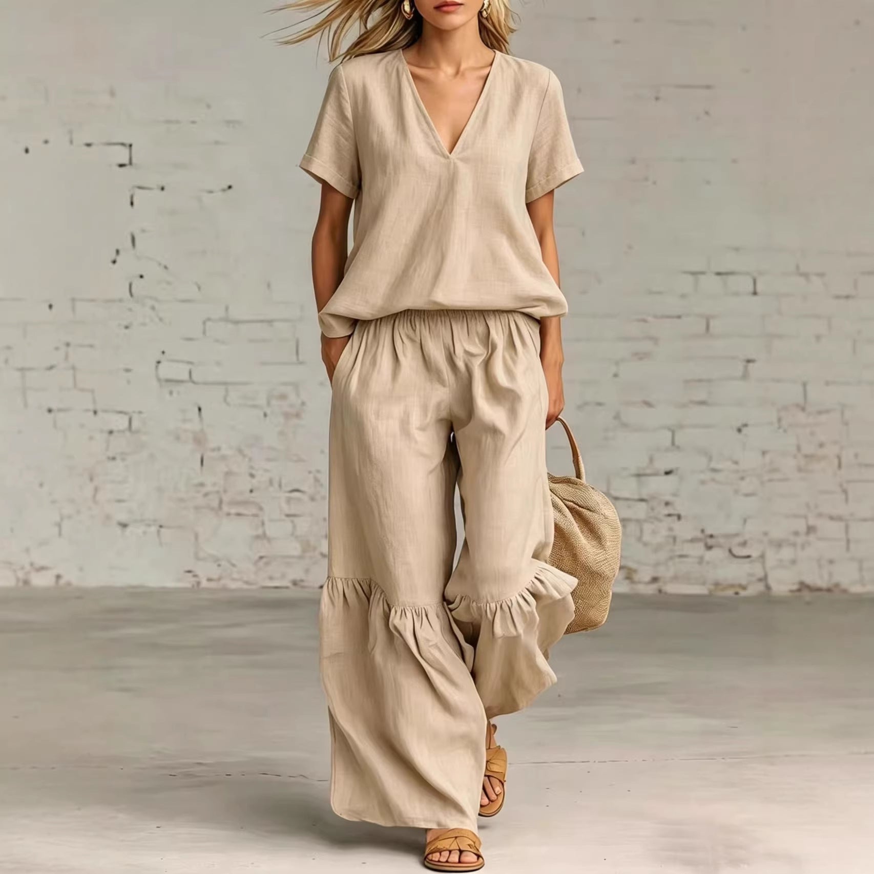 Womens Casual Solid Color V-Neck Loose Short-Sleeve Pants Set 