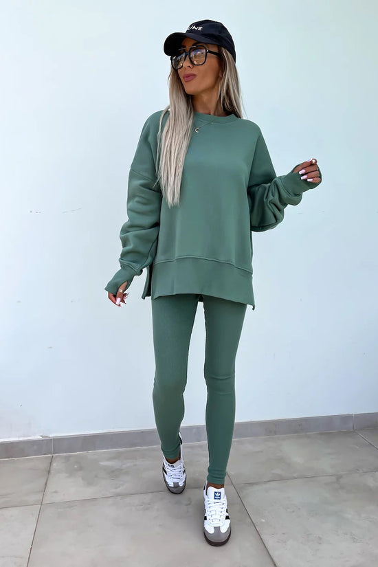 Sweater Suit Women's Casual Loose Long Sleeve Crew Neck Split Top Tight Trousers 