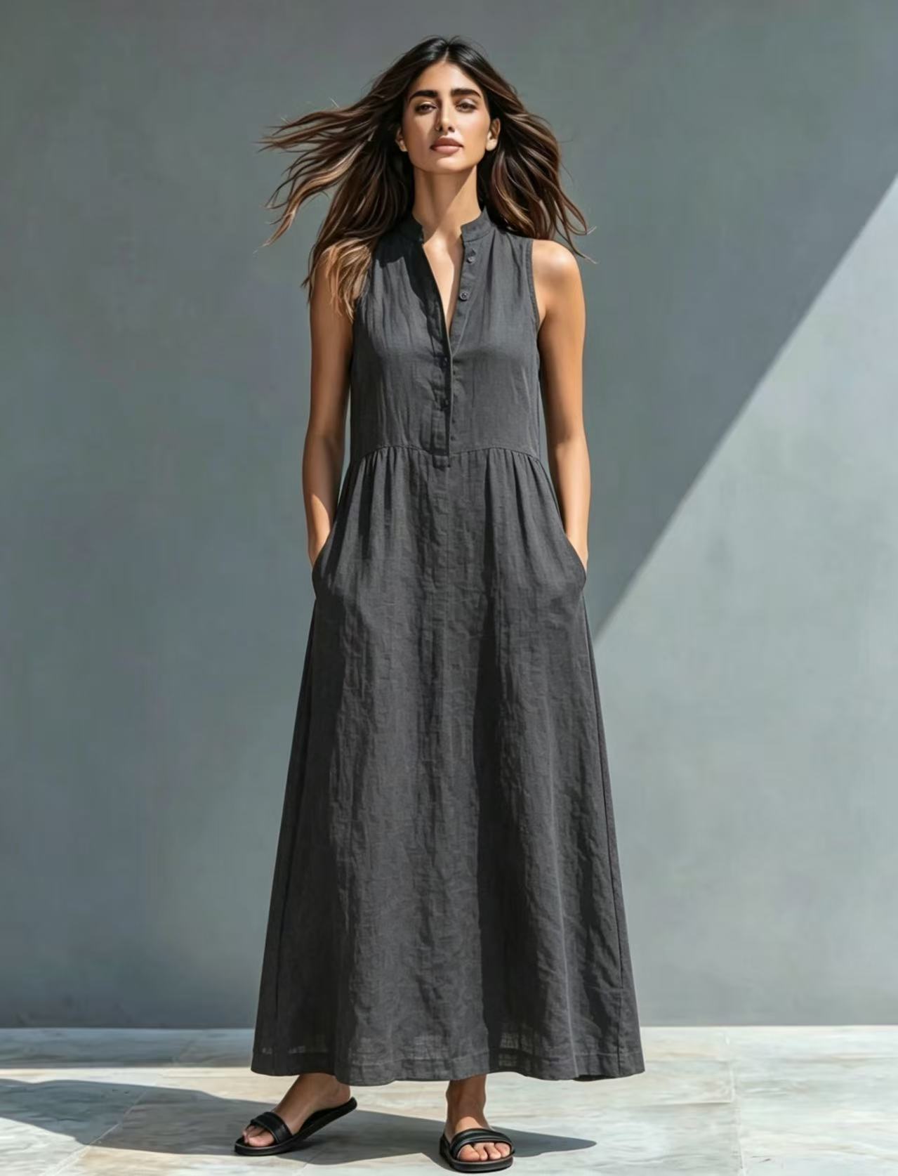 Resort-style Stand-collar Maxi Dress 