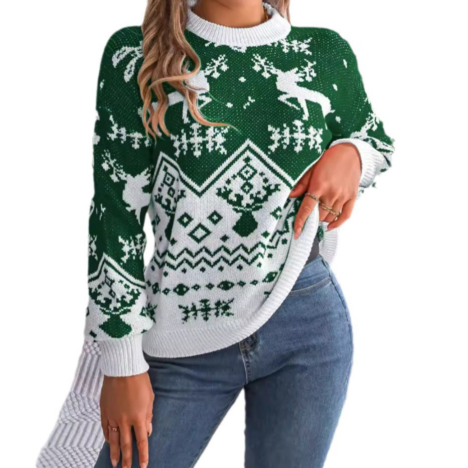 2025 New Year Autumn Winter Casual Deer Pattern Long Sleeve Hoodie Sweater Christmas For Women Red Green Knitted Pullover Jumper CJ