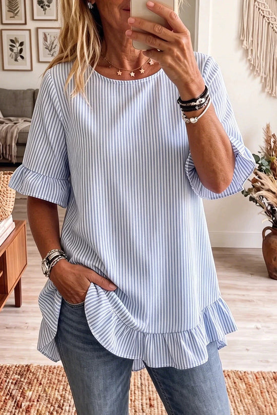 Womens Striped Loose-fit Casual Ruffled-edge Blouse 