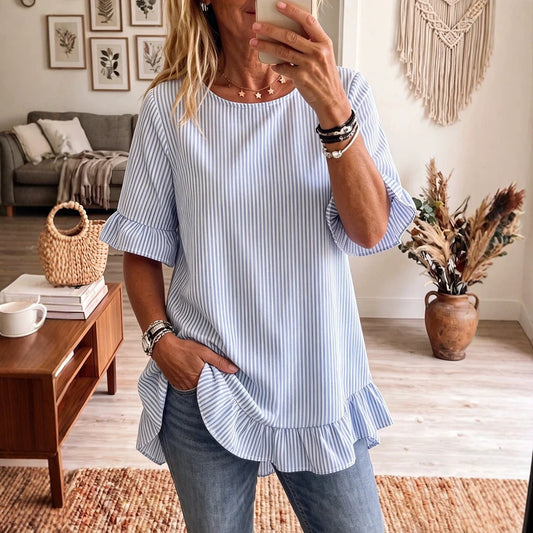 Womens Striped Loose-fit Casual Ruffled-edge Blouse 