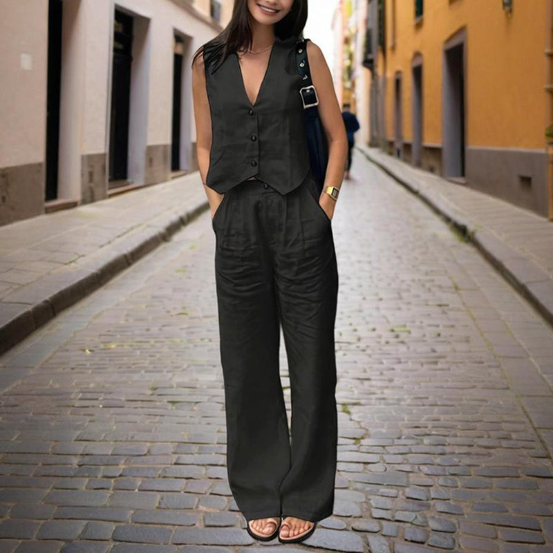 Women's Solid Color V-Neck Vest Two-Piece Set Button Front Vest Top With Pocket Pants For Spring & Summer Casual Outfit CJ US