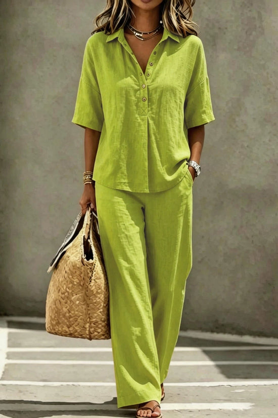 Womens Polo-Neck Button-Up Top And Wide-Leg Pants Two-Piece Set 